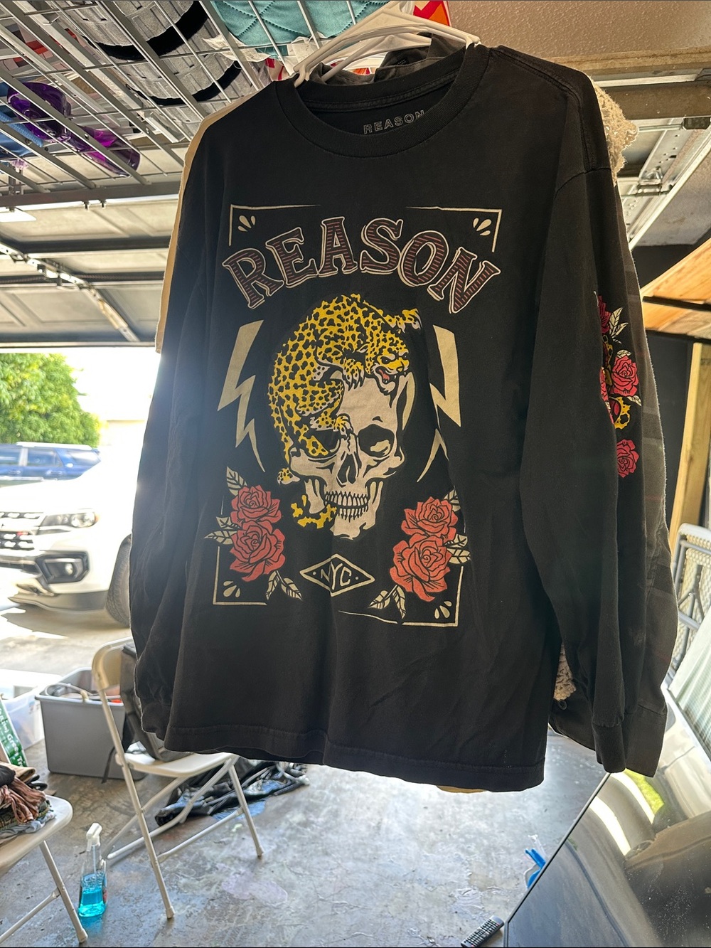 Reason Black Crewneck Sweater with Skull, Rose & Leopard Print